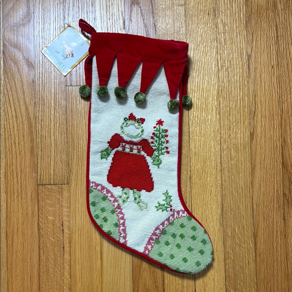 Brand New Needlepoint Christmas Stocking with Girl Frog